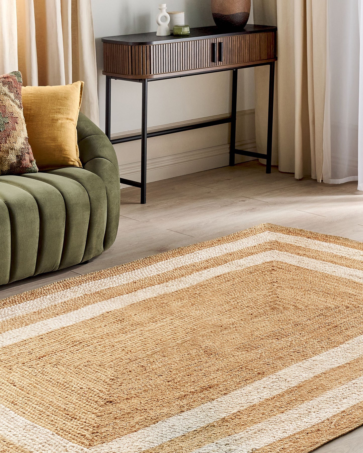 Teppich Jute beige 200 x 300 cm geometrisches Muster Kurzflor GEMEREK