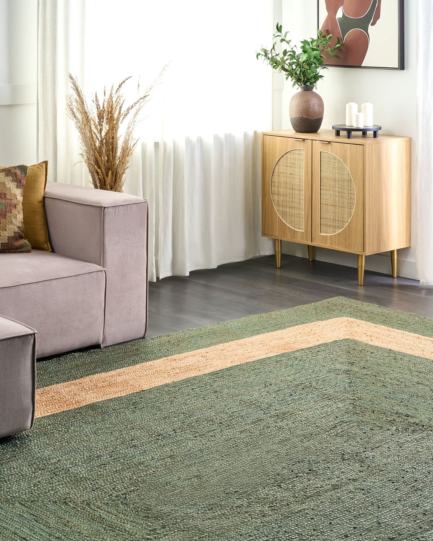 Teppich Jute grün / beige 300 x 400 cm geometrisches Muster Kurzflor KARAKUYU