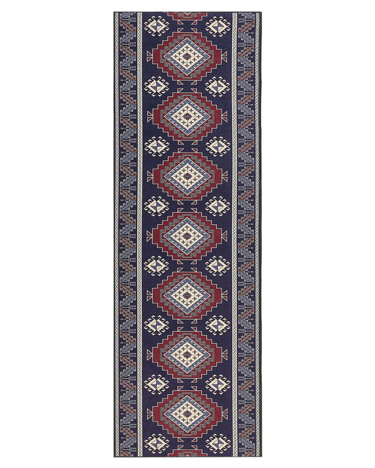 Teppich dunkelblau / dunkelrot 80 x 240 cm orientalisches Muster Kurzflor KANGAL