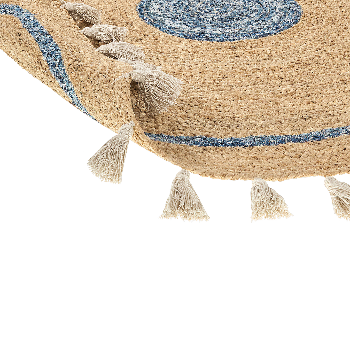 Teppich Jute beige / blau ø 140 cm mit Quasten Kurzflor OBAKOY