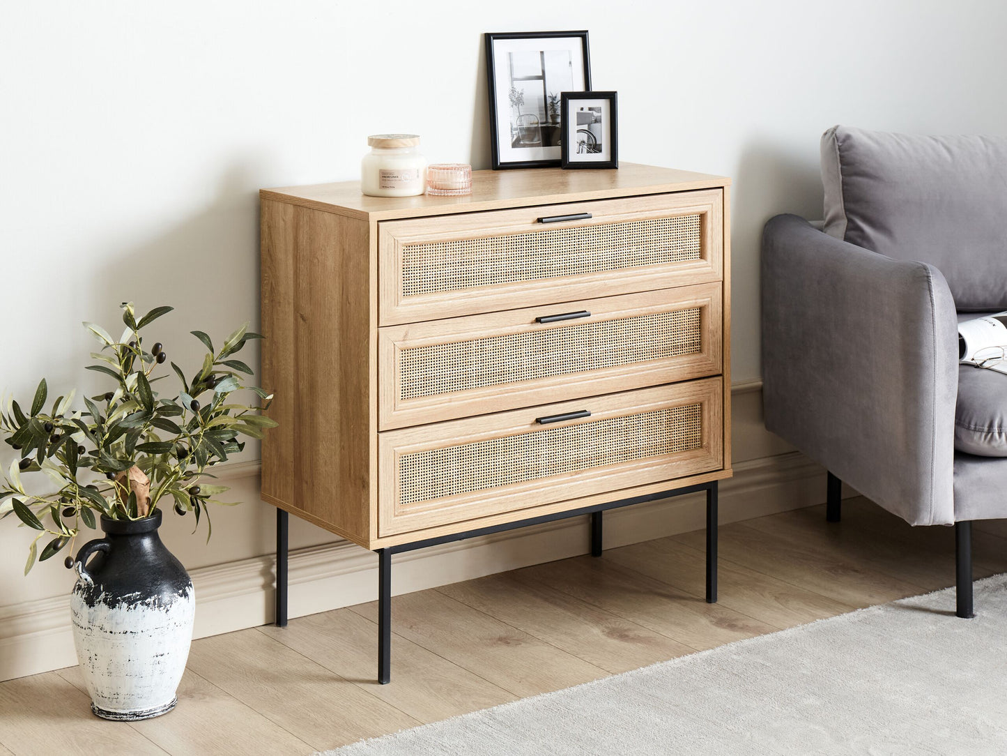 Kommode mit 3 Schubladen PASCO 80 cm Holzoptik Hellbraun