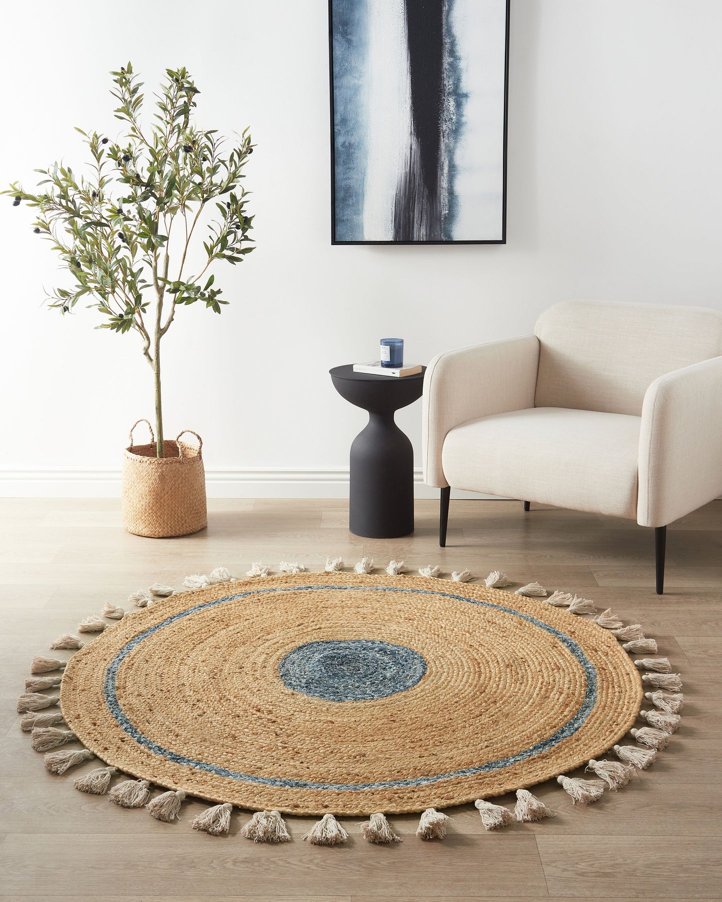 Teppich Jute beige / blau ø 140 cm mit Quasten Kurzflor OBAKOY