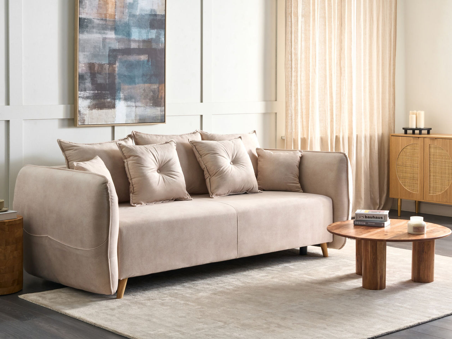 2-Sitzer Schlafsofa Samtstoff creme mit Stauraum VALLANES