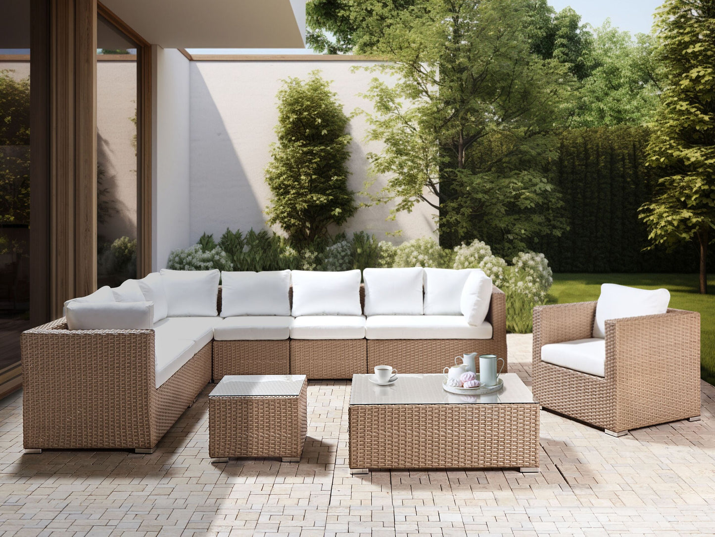Lounge Set mit Tisch 8-Sitzer XXL rechtsseitig modular Polyrattan Sandbeige