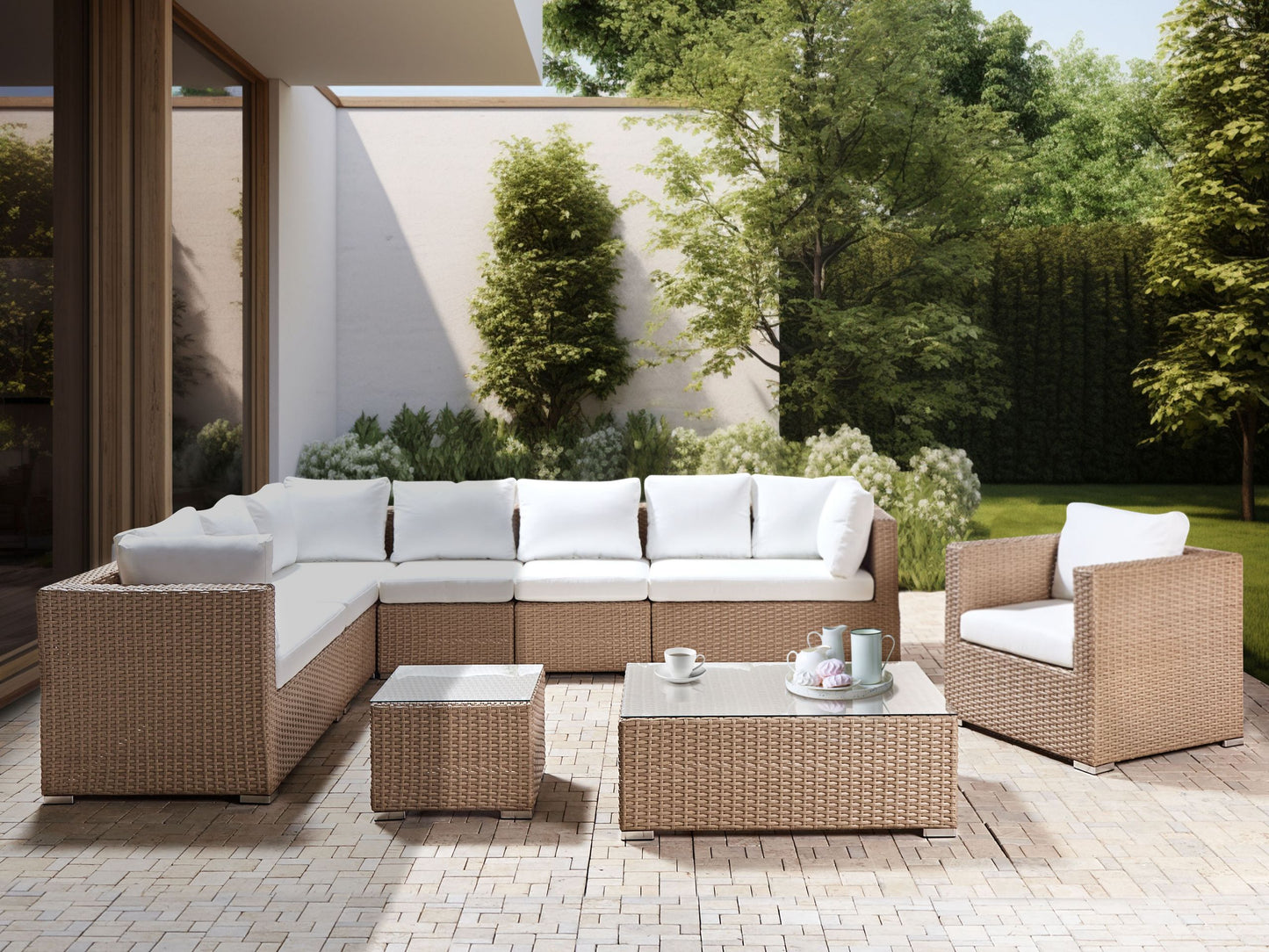 Lounge Set mit Tisch 8-Sitzer XXL rechtsseitig modular Polyrattan Sandbeige