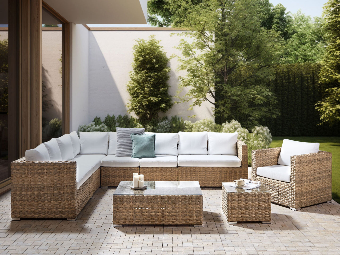 Lounge Set mit Tisch 8-Sitzer XXL rechtsseitig modular Polyrattan Hellbraun