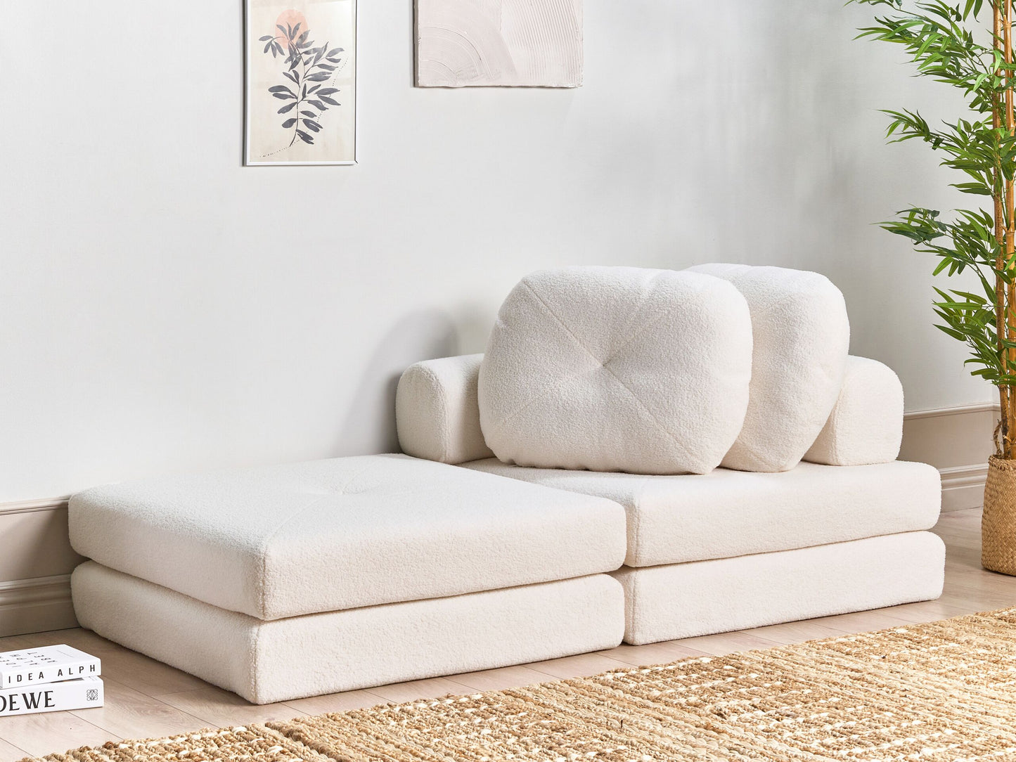 1-Sitzer Bodensofa Bouclé weiss mit Schlaffunktion OLDEN