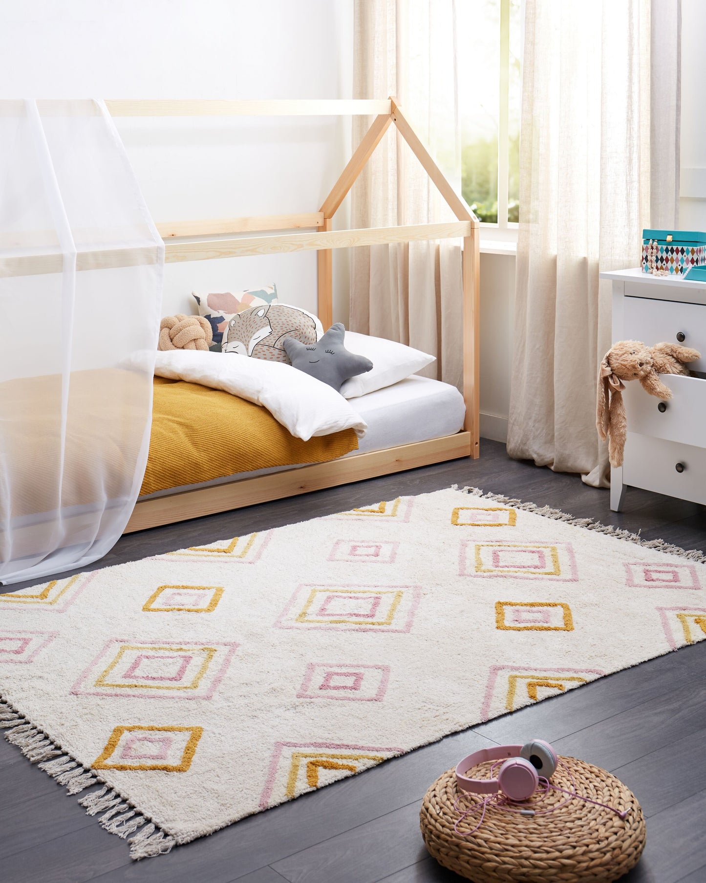 Baumwollteppich geometrisches Muster 140 x 200 cm Grauweiss LASHE