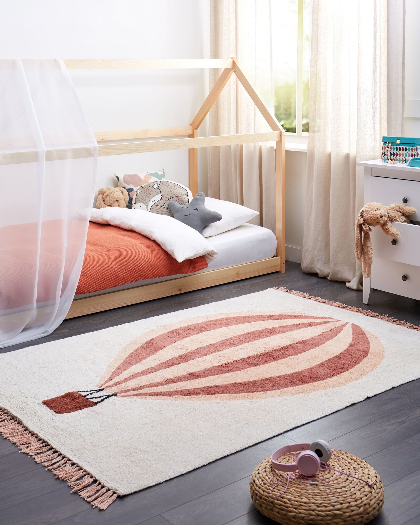 Baumwollteppich Heissluftballonmotiv 140 x 200 cm Grauweiss BAZALETI