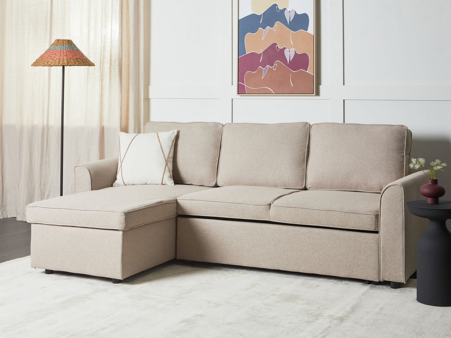Ecksofa mit Schlaffunktion Stoff beige rechtsseitig NESNA