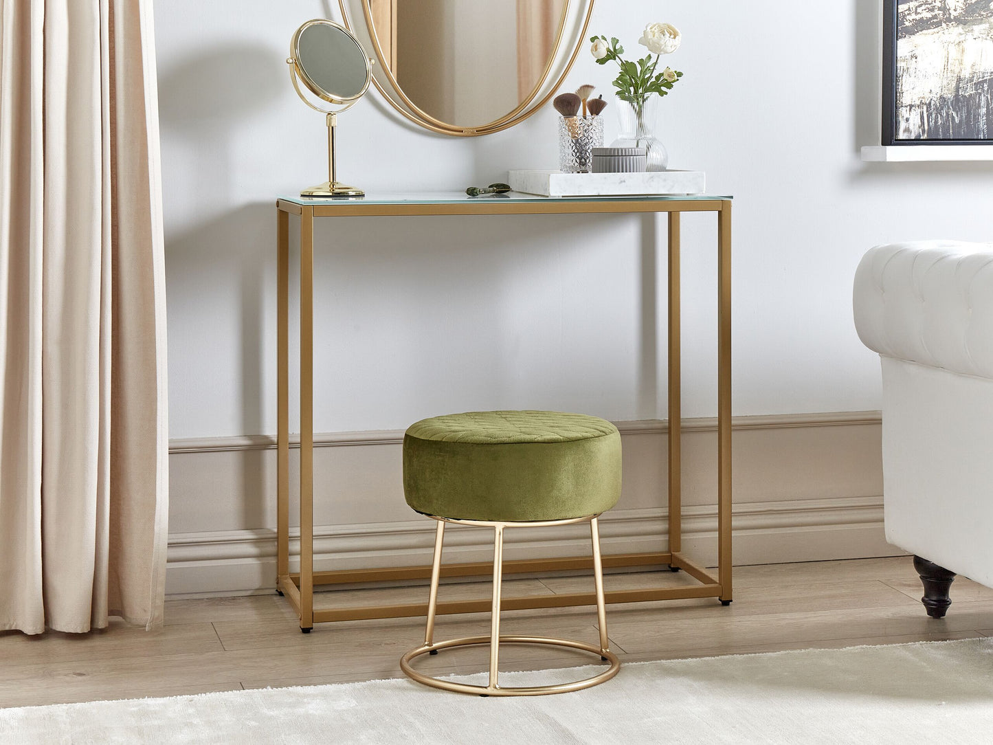 Hocker Samtstoff olivgrün / gold rund ⌀ 35 cm DELCO