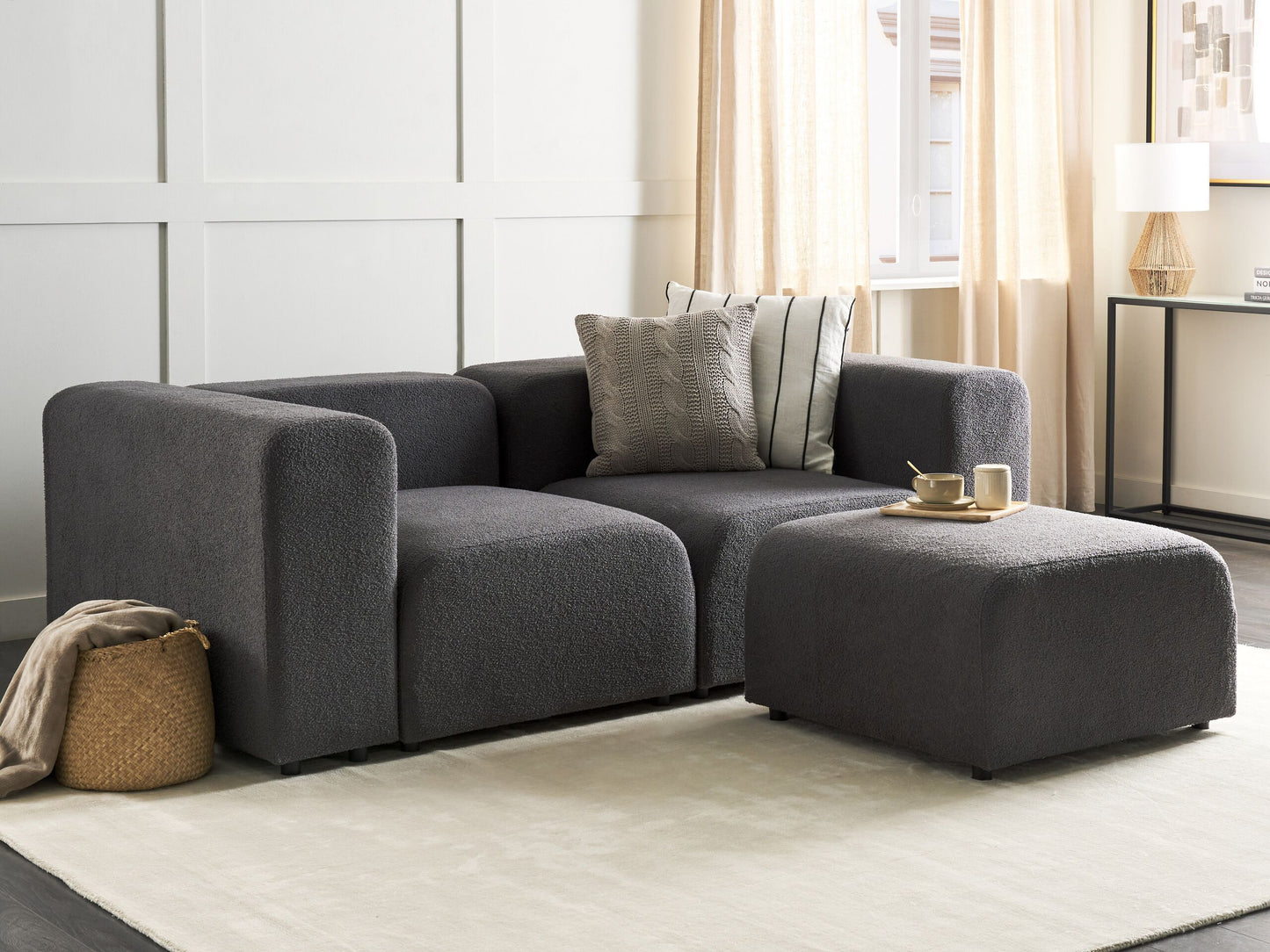 2-Sitzer Sofa Bouclé dunkelgrau mit Ottomane FALSTERBO