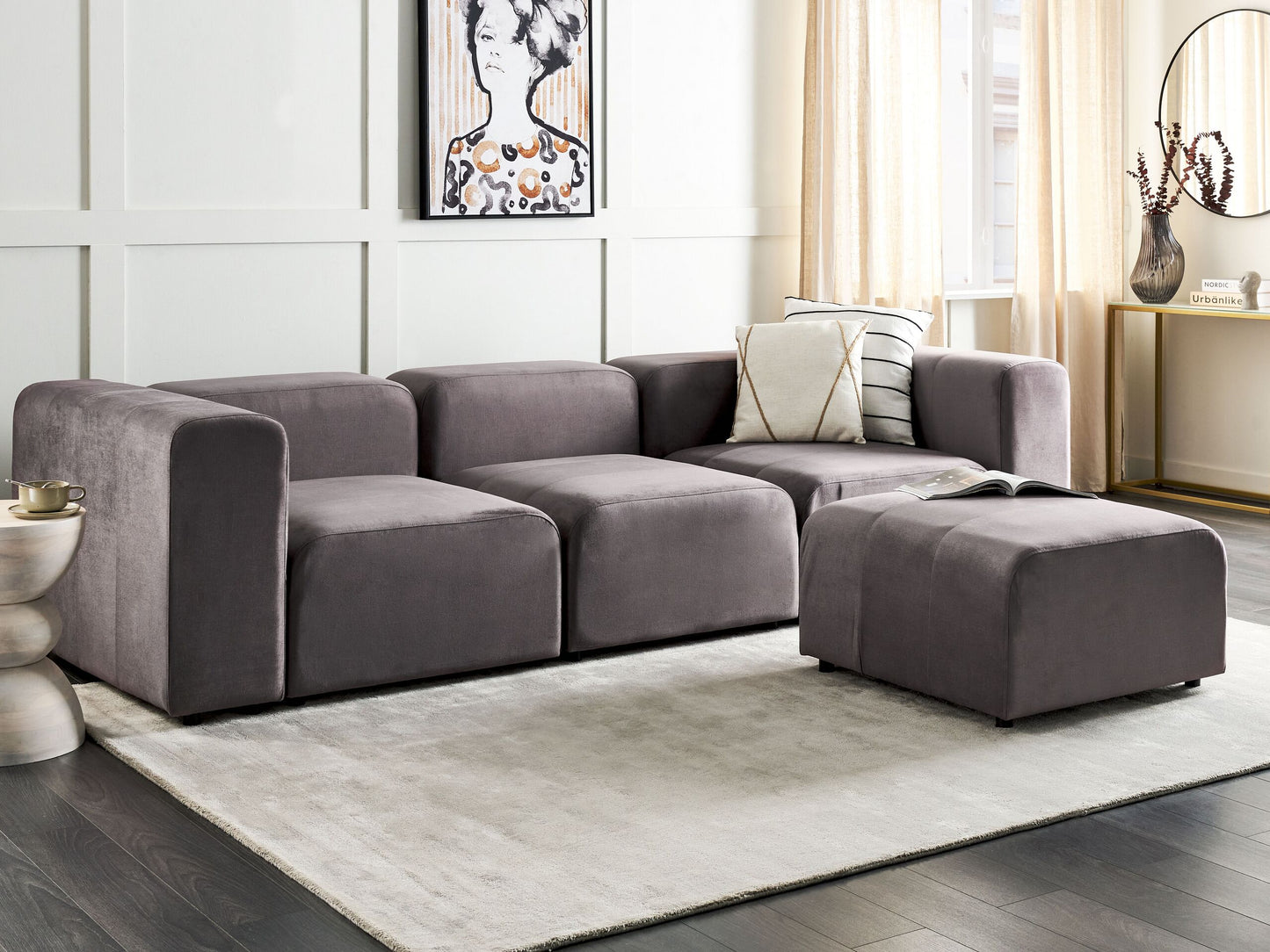 3-Sitzer Sofa Samtstoff dunkelgrau mit Ottomane FALSTERBO