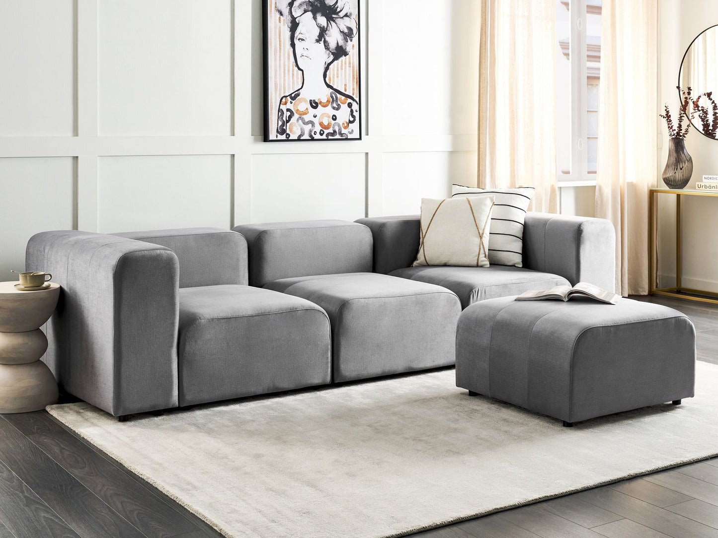 3-Sitzer Sofa Samtstoff grau mit Ottomane FALSTERBO