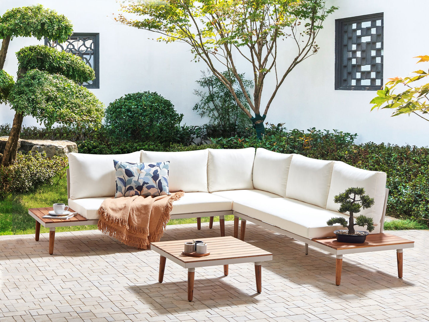 Garten Ecksofa mit Tisch 5-Sitzer CORATO Akazienholz Cremeweiss