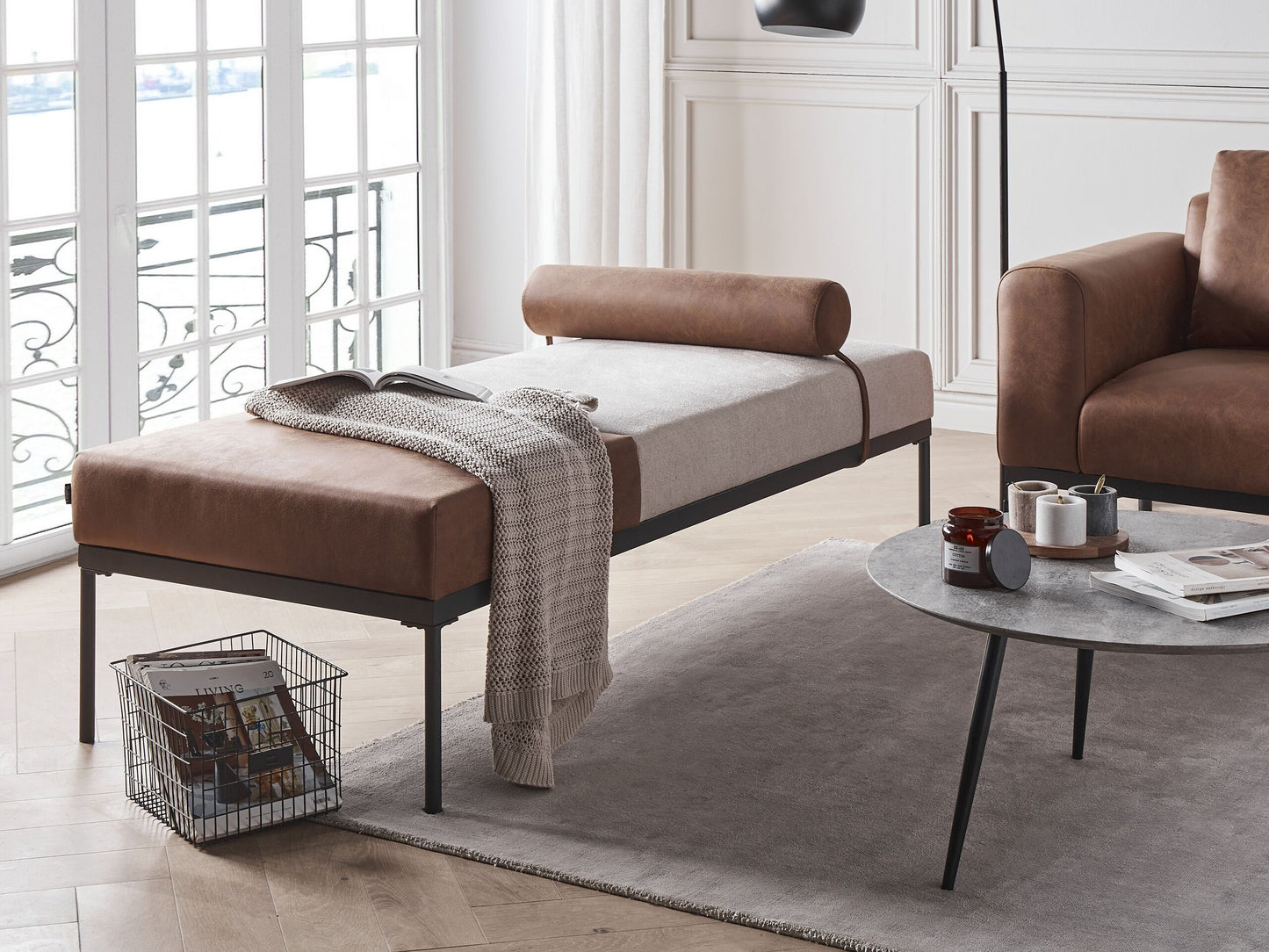 Chaiselongue Leinenoptik / Kunstleder beige / braun MALMOS