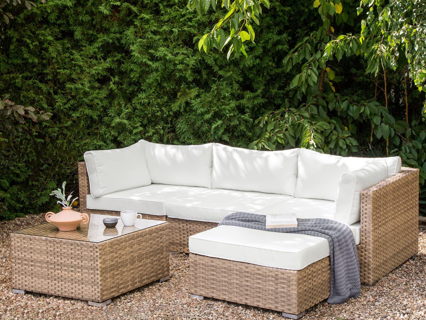 Garten Ecksofa mit Tisch 4-Sitzer SANO II linksseitig modular Polyrattan Naturfarben