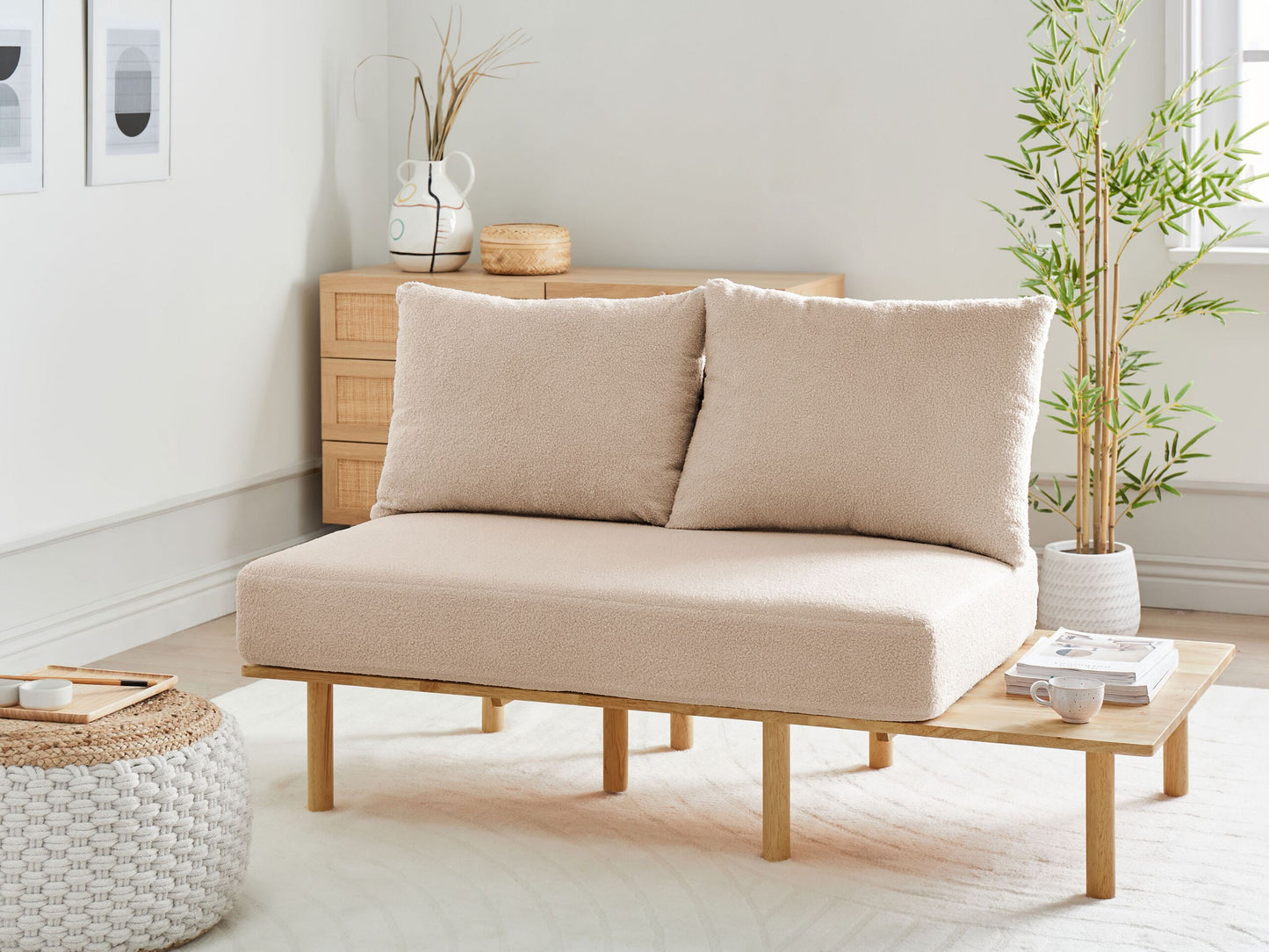 2-Sitzer Sofa Bouclé Stoff mit Ablage Beige SALO