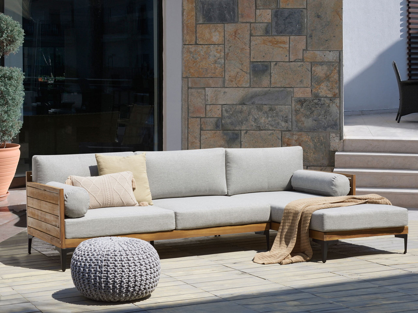 Garten Ecksofa 4-Sitzer CAVEZZO linksseitig zertifiziertes Akazienholz Grau