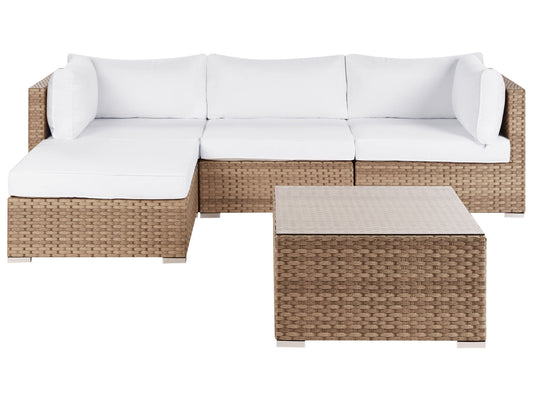 Garten Ecksofa mit Tisch 4-Sitzer SANO II rechtsseitig modular Polyrattan Naturfarben
