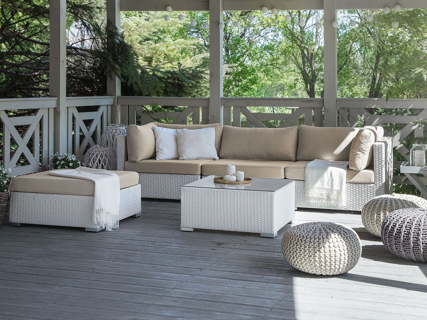 Garten Ecksofa mit Tisch 4-Sitzer SANO II rechtsseitig modular Polyrattan Weiss