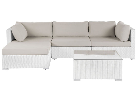 Garten Ecksofa mit Tisch 4-Sitzer SANO II rechtsseitig modular Polyrattan Weiss