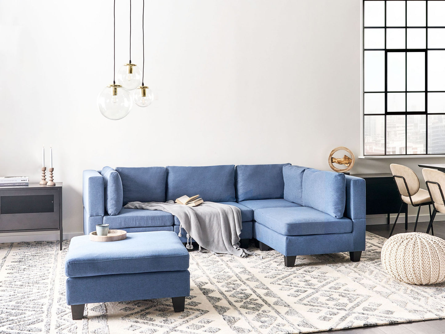 4-Sitzer Ecksofa Leinenoptik blau linksseitig mit Ottomane UNSTAD