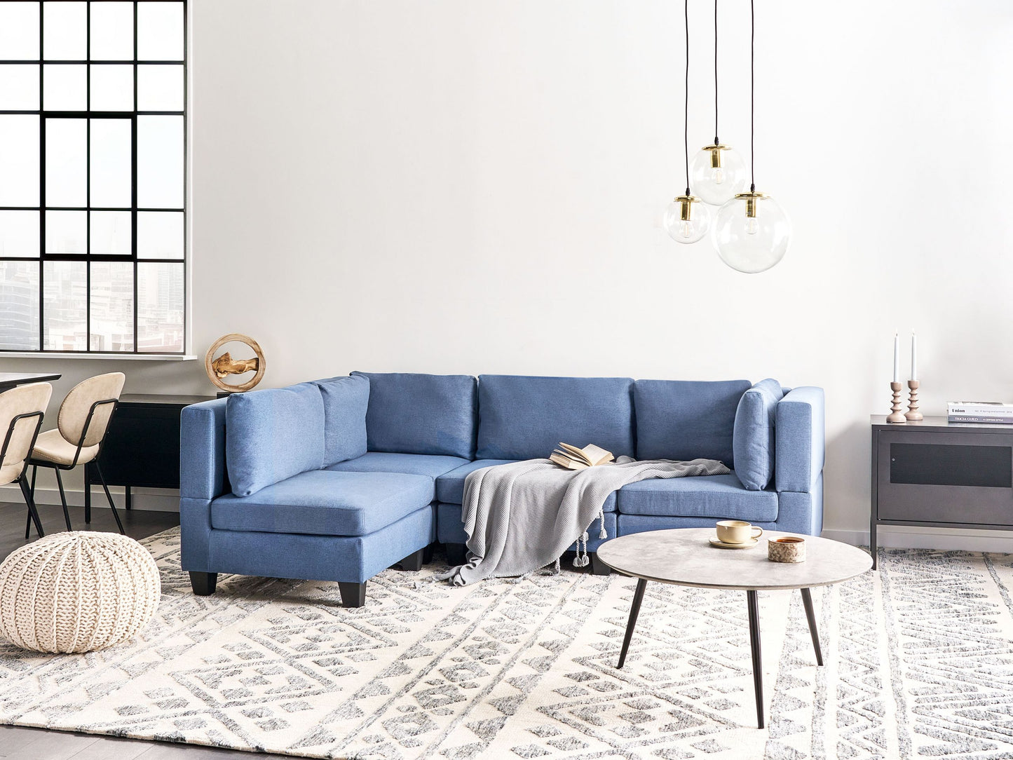 4-Sitzer Ecksofa Leinenoptik blau rechtsseitig UNSTAD