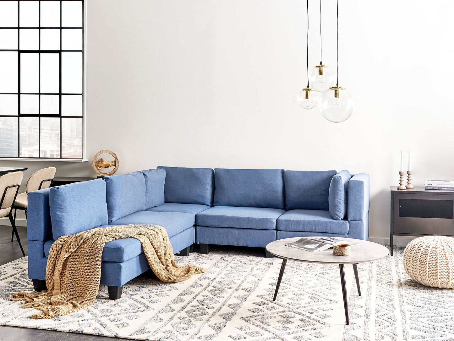 5-Sitzer Ecksofa Leinenoptik blau rechtsseitig UNSTAD