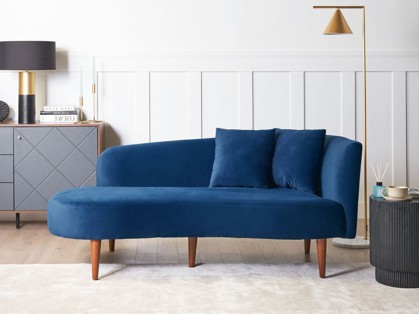 Chaiselongue Samtstoff blau rechtsseitig CHAUMONT