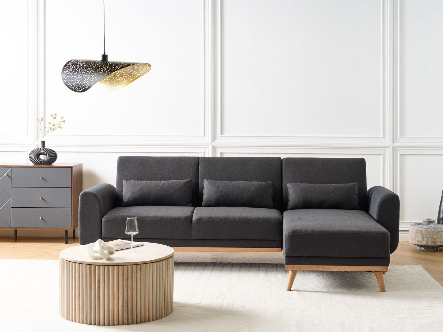 3-Sitzer Ecksofa Stoff schwarz linksseitig mit Schlaffunktion OLLSTA