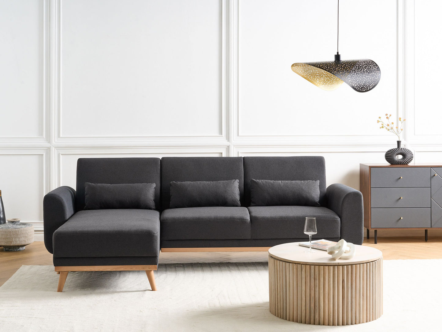 3-Sitzer Ecksofa Stoff schwarz rechtsseitig mit Schlaffunktion OLLSTA