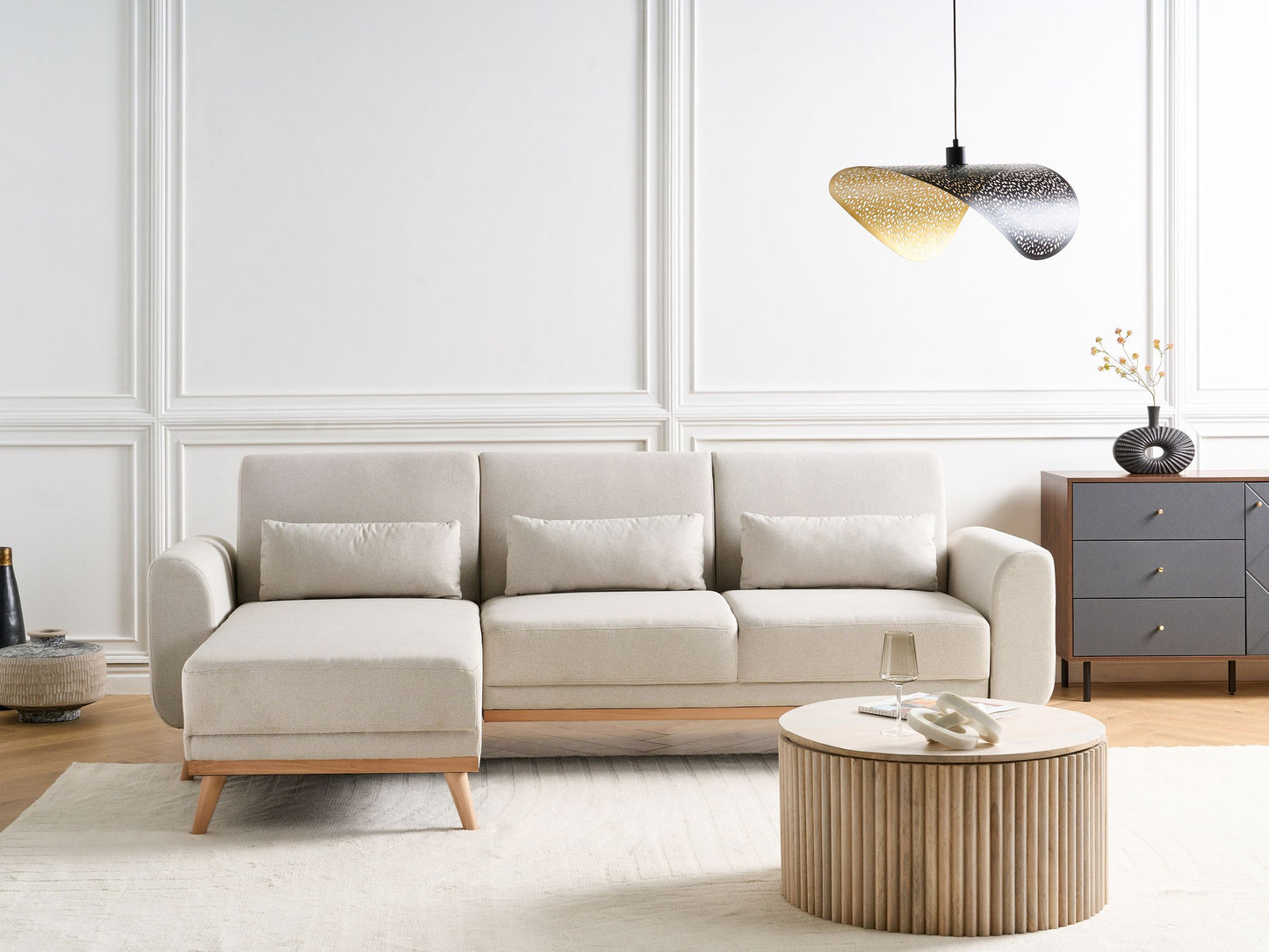 3-Sitzer Ecksofa Stoff hellbeige rechtsseitig mit Schlaffunktion OLLSTA