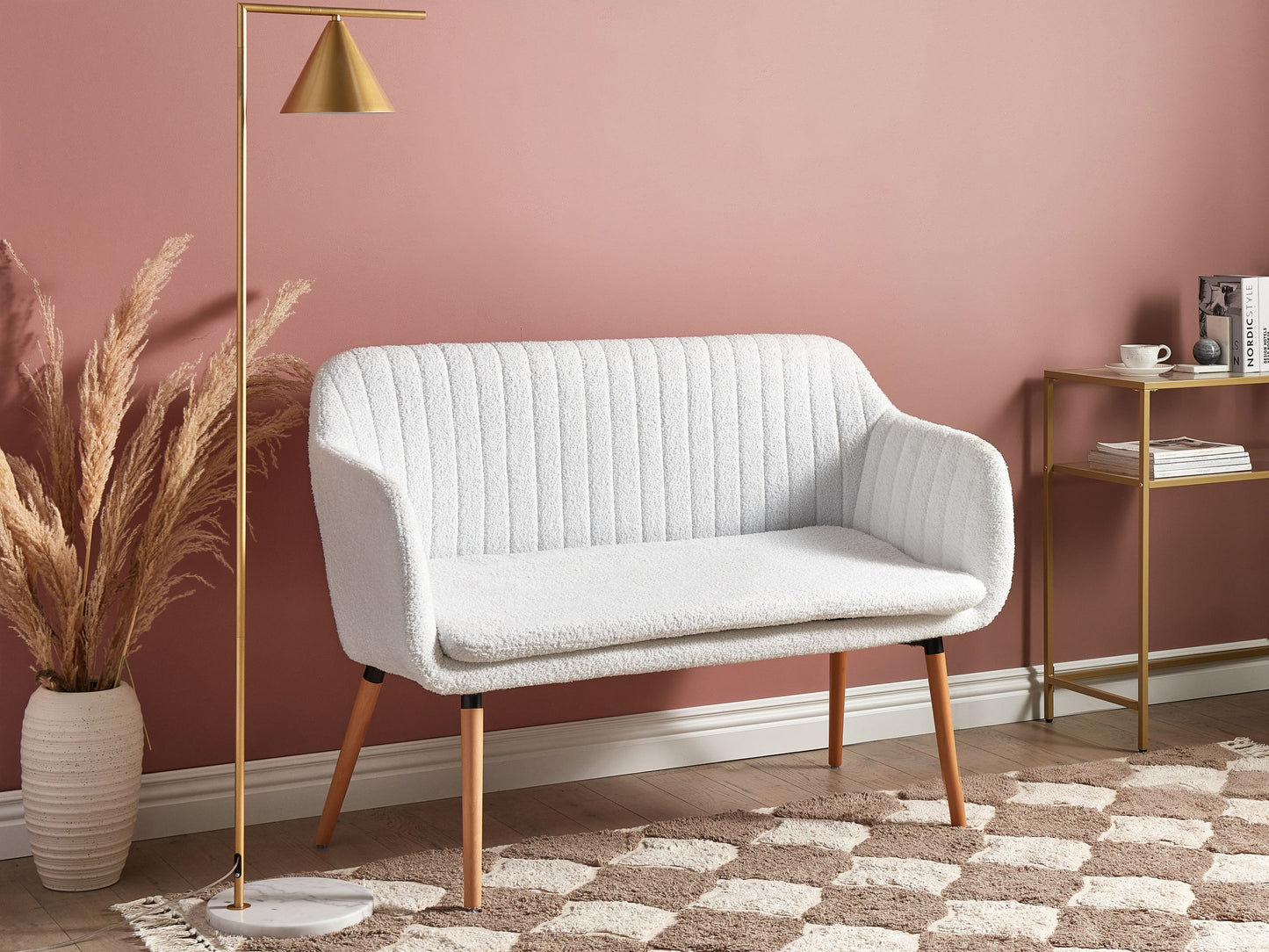 2-Sitzer Küchensofa Bouclé cremeweiss / heller Holzfarbton TABY