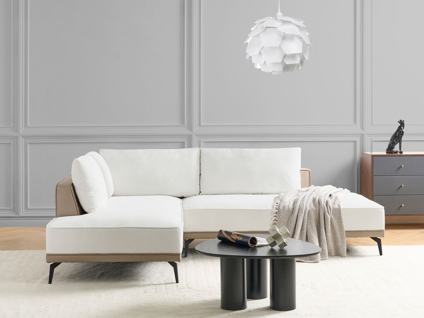 Ecksofa Stoff cremeweiss rechtsseitig modular MYKEN