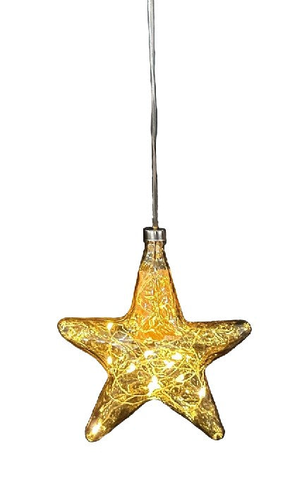 LED Glas Stern organisch gold, transparent mit 12 LED D12cm Tube Batteriefach