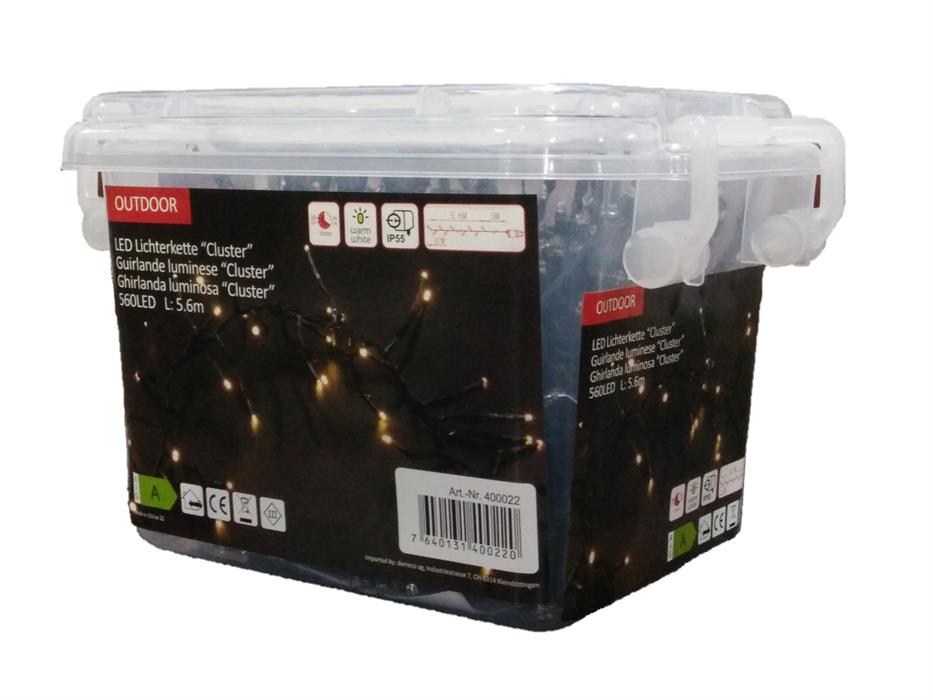 Fata di luci LED da esterno “cluster”.
560 LED a luce bianca calda
L: 560 cm Colore cavo: Verde