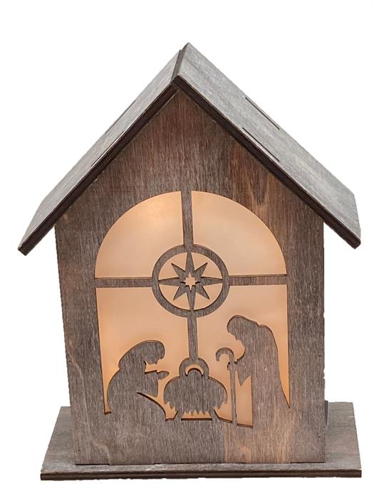 Maison de Noël LED avec crèche
avec feuille hologramme et 10 LED
couleur marron
