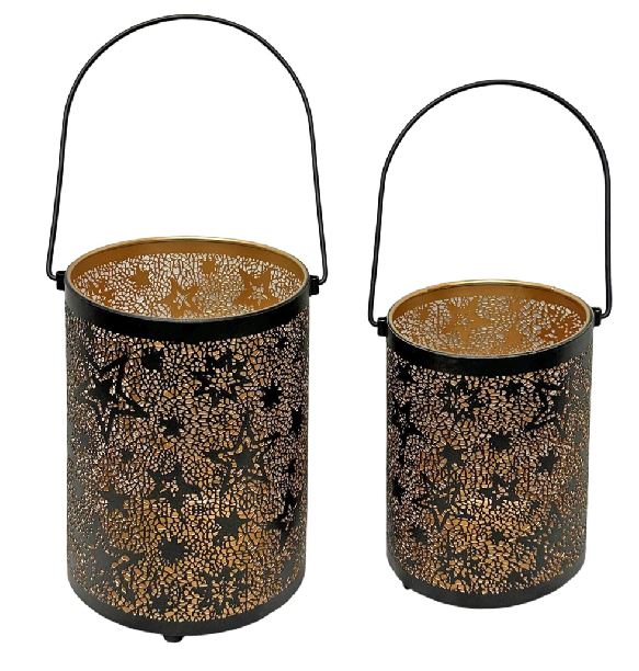 Windlicht 2er Set schwarz aus Metall mit Sternen Design und Henkel