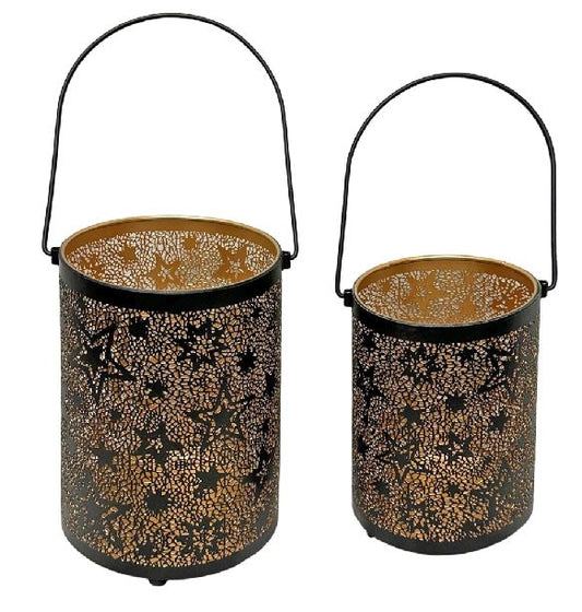 Windlicht 2er Set schwarz aus Metall mit Sternen Design und Henkel