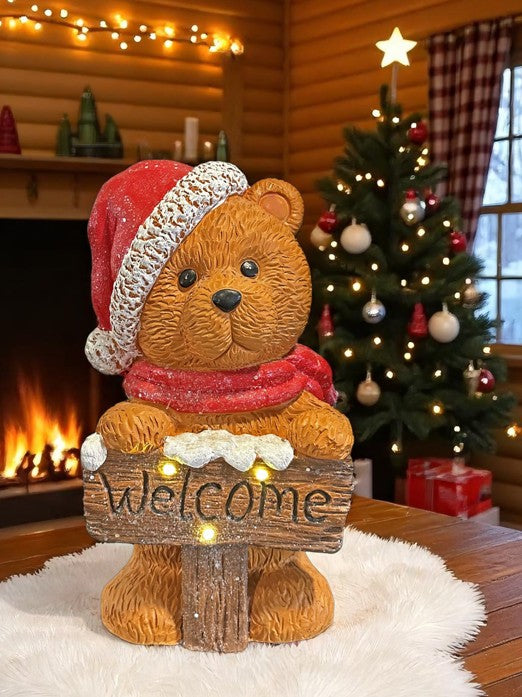 LED Deko Bär mit Schild Welcome und roter Mütze