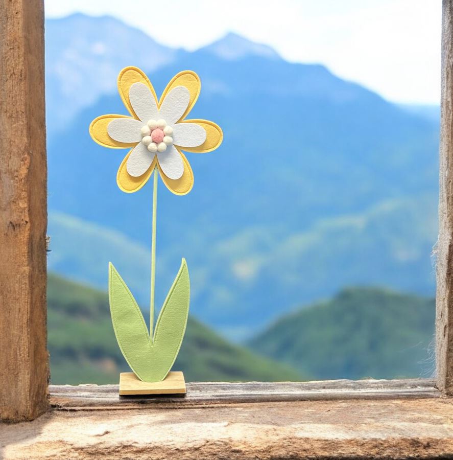 Dekoblume Filz gelbe Blüte auf Holzsockel