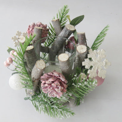 Kerzenhalter Xmas aus Holz
mit rosa Dekorationselementen
für eine Kerze oder Teelicht