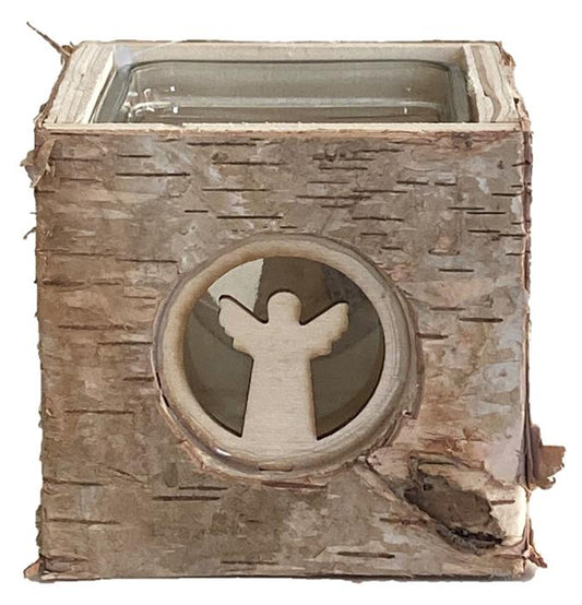 Windlicht aus Holz mit Glaseinsatz 
L9cm x B9cm xH9cm
Motiv: Engel