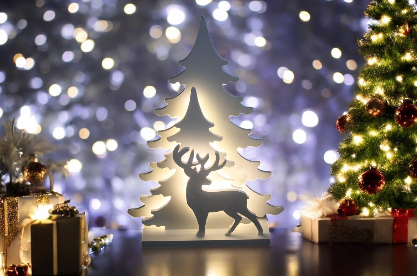 Supporto decorativo a LED con 36 LED H: 70 cm
Motivi: abete e renna
Colore bianco