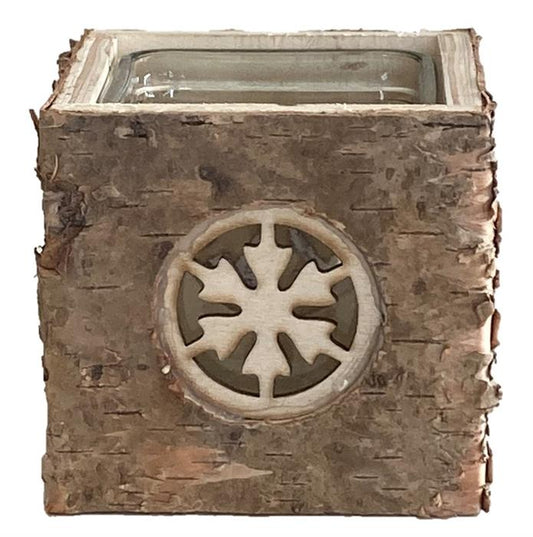 Windlicht aus Holz mit Glaseinsatz
L9cm x B9cm xH9cm
Motiv: Schneeflocke