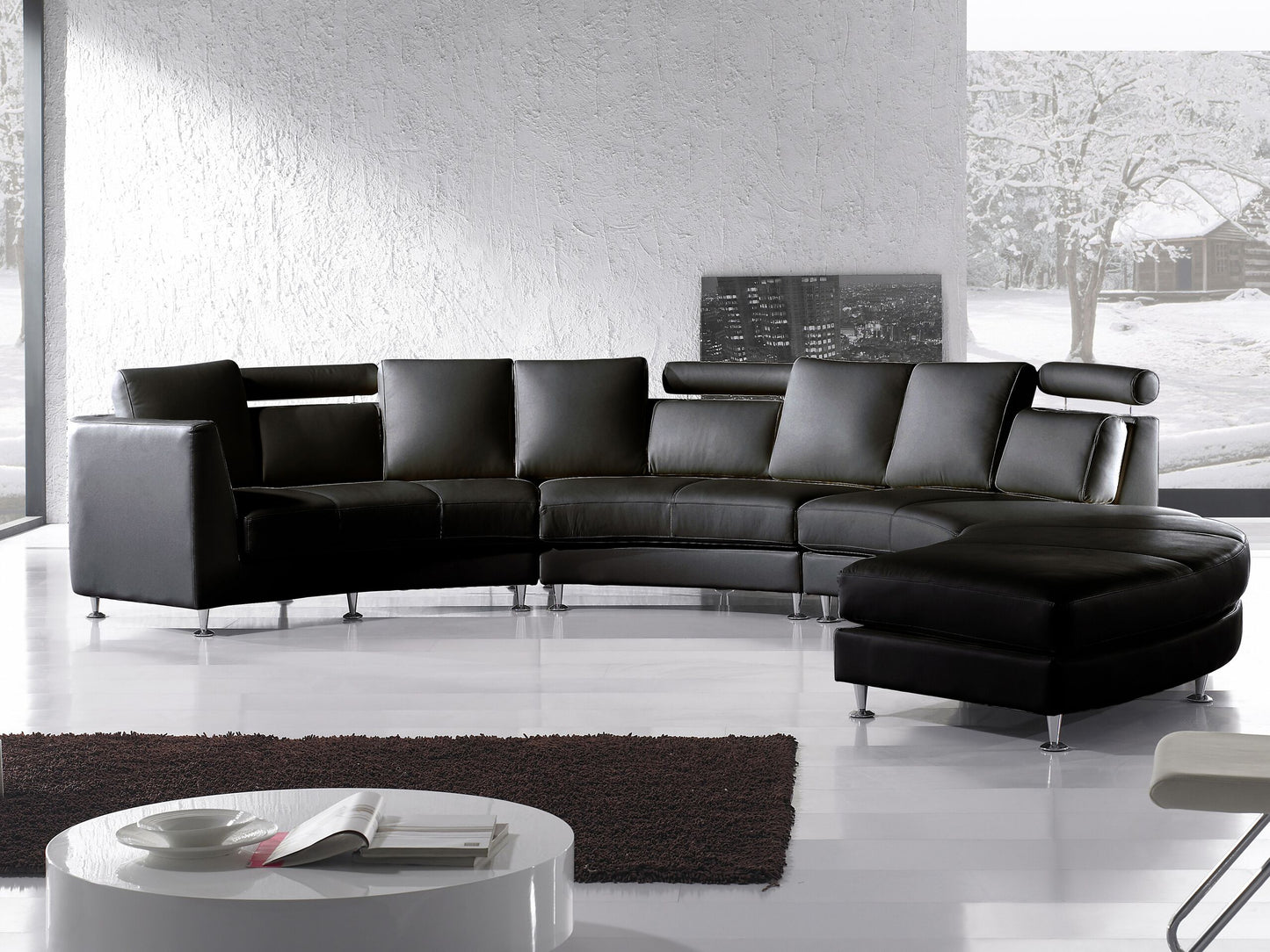 7-Sitzer Sofa Leder schwarz halbrund mit Ottomane ROTUNDE