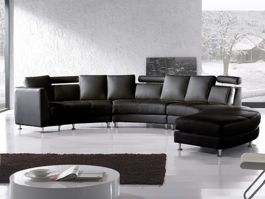 7-Sitzer Sofa Leder schwarz halbrund mit Ottomane ROTUNDE