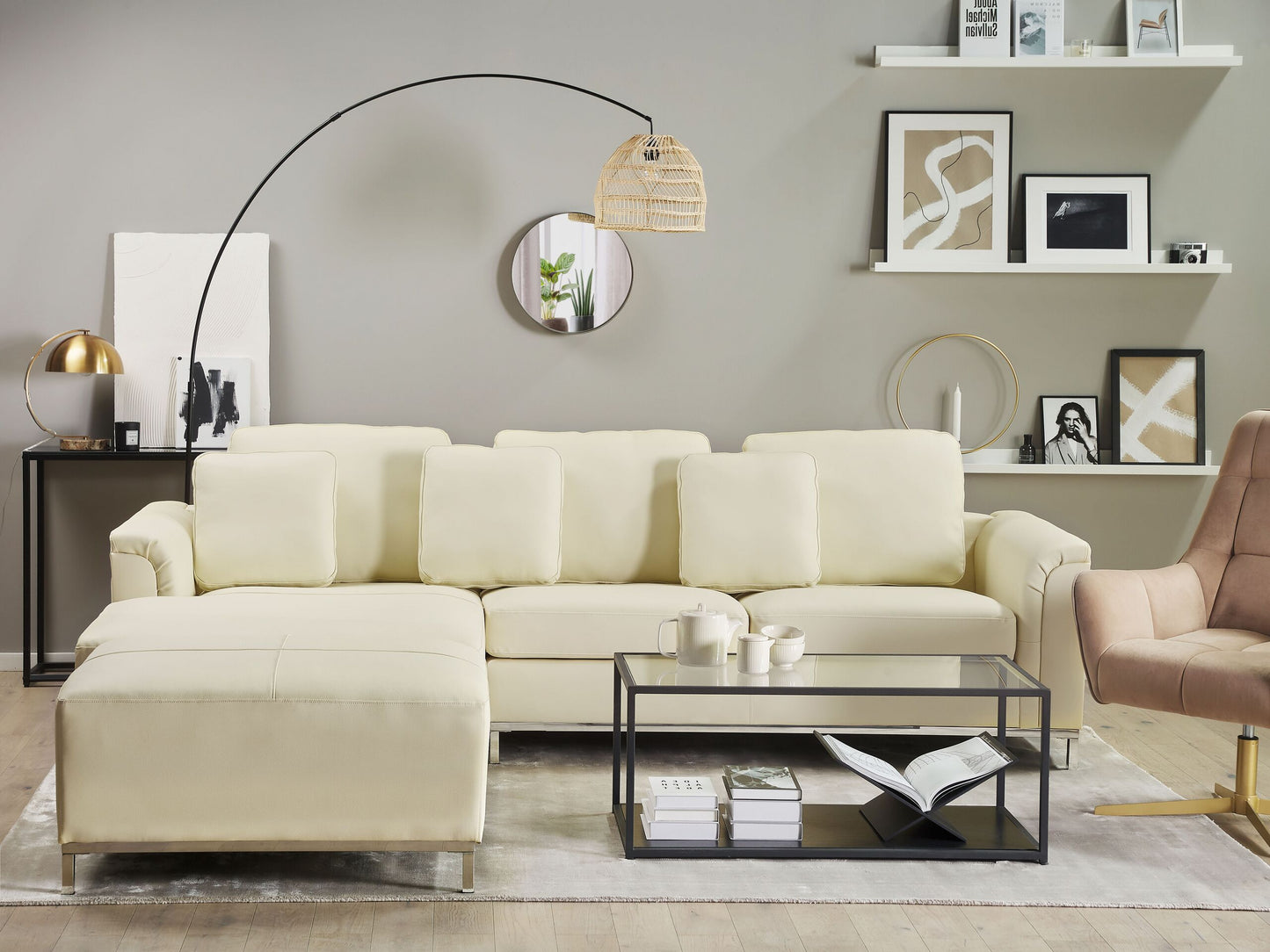 Ecksofa Leder beige linksseitig mit Ottomane OSLO