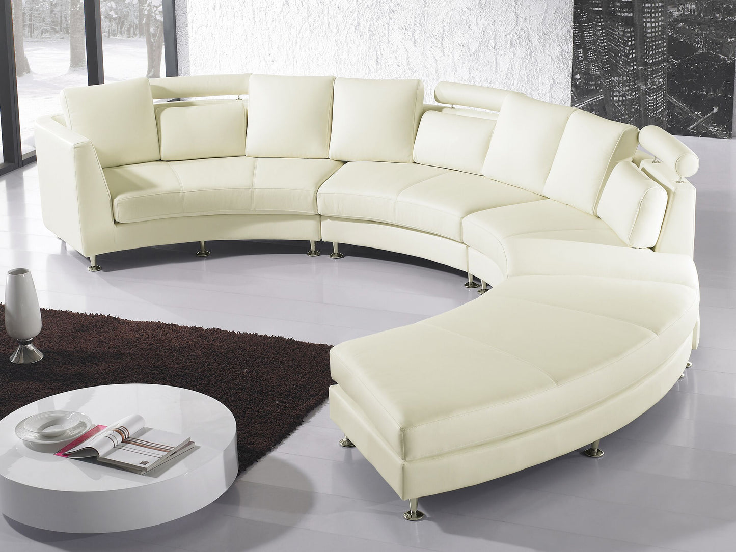 7-Sitzer Sofa Leder creme halbrund mit Ottomane ROTUNDE